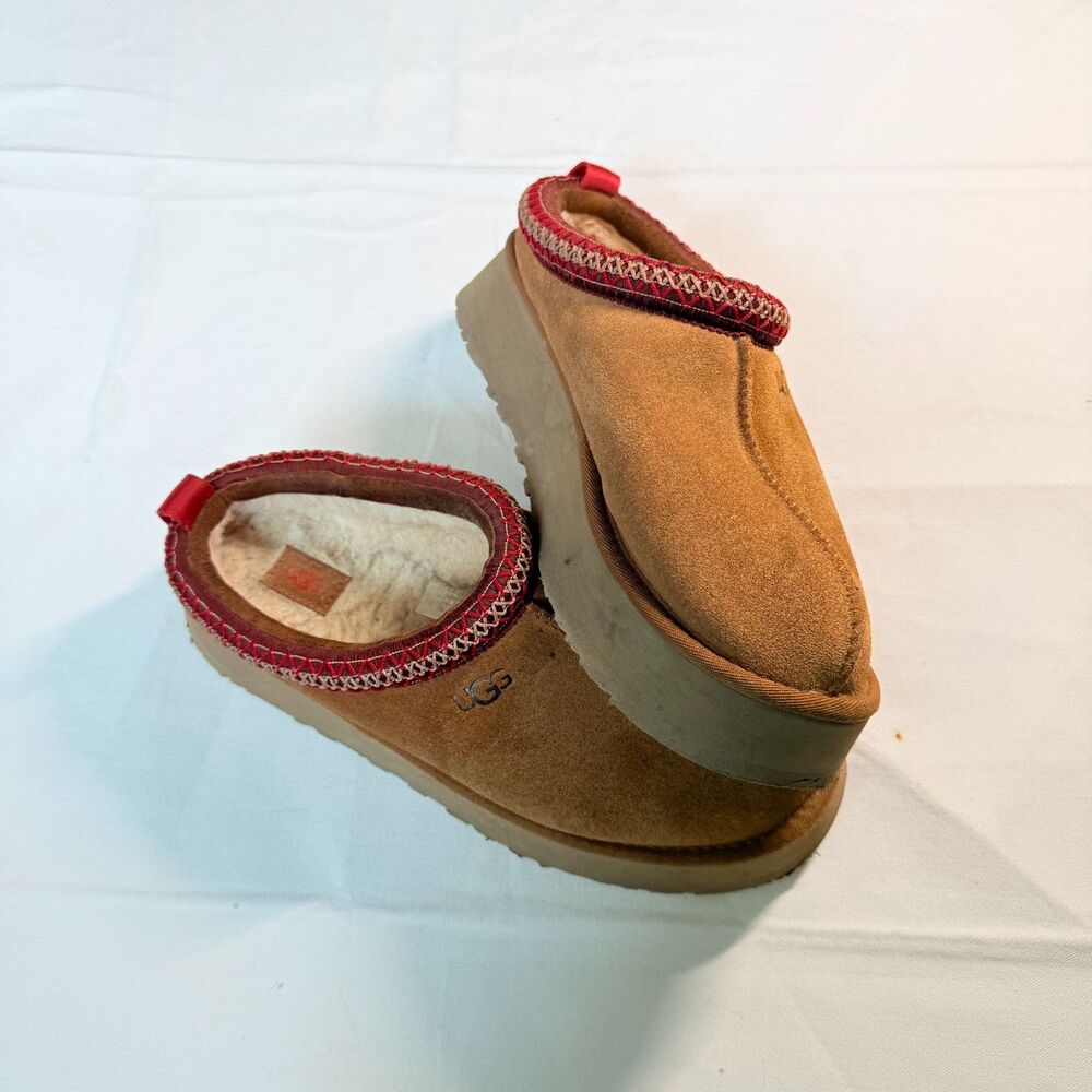 UGG Womens Tazz Chestnut Tan Suede Shearling Slip On Platform Mules Size 11
